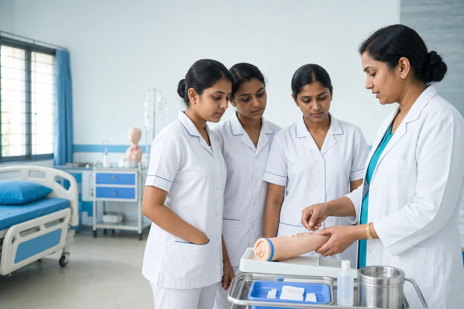 Indian GNM nursing students learning a clinical procedure with faculty