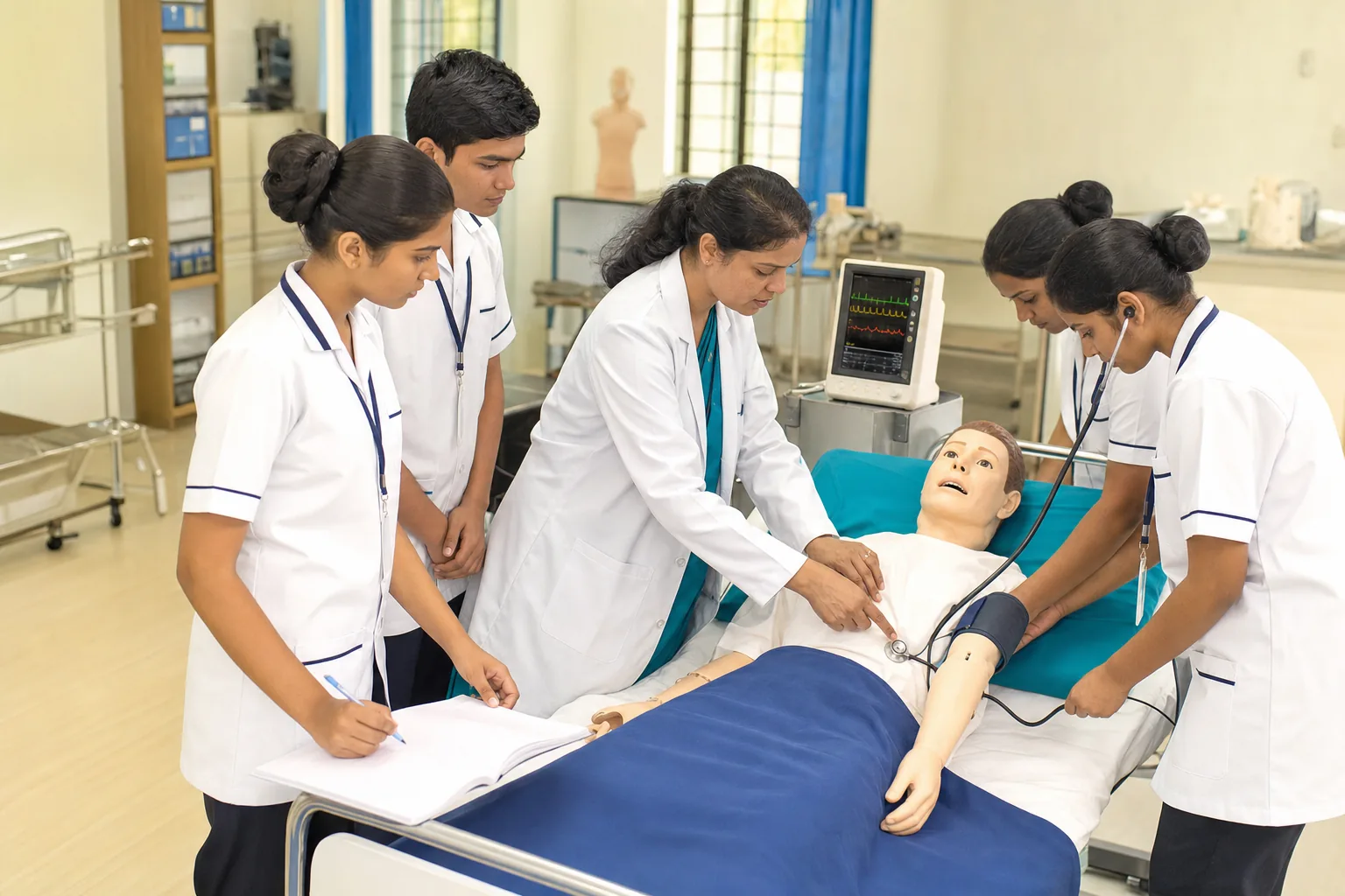 Indian GNM nursing students learning a clinical procedure with faculty